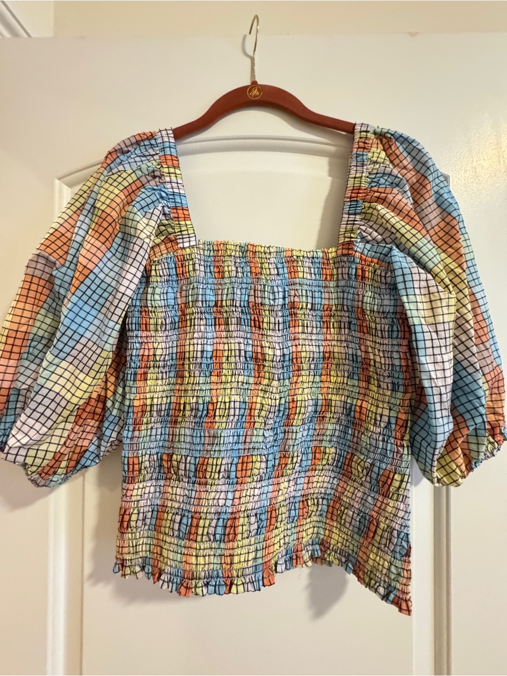 GANNI smocked check puff sleeve top NWT